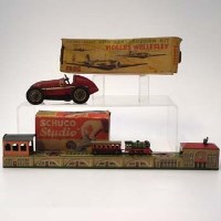 Lot 84 - Tin plate miniature station, Schuco 'Studio' car and Frog Vickers Wellesley bomber.