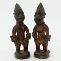 Lot 118 - Pair of Yoruba ibeji male figures, with indigo