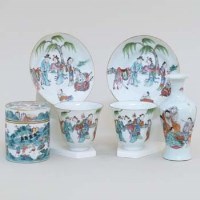 Lot 258 - Pair of Chinese cups and saucers; cylindrical jar