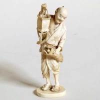 Lot 280 - Japanese ivory okimono of a man with a lantern