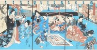 Lot 303 - Japanese print after Kunisada together with six other Japanese prints.