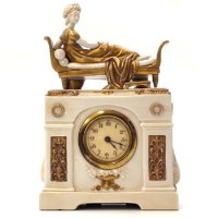 Lot 337 - Continental porcelain mantel clock surmounted by figure of Juliette Recamier on sofa.