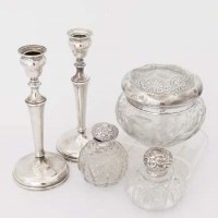 Lot 514 - Pair of silver candlesticks, two scent bottles