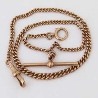 Lot 569 - 9ct gold flat curb watch chain with t-bar, length