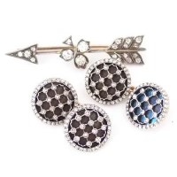 Lot 604 - Pair of French cufflinks; diamond bar brooch (2)