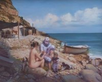 Lot 649 - Bohuslav Barlow, Beach Encounter, oil on canvas.