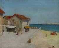 Lot 660 - C.R. Doyly-John, Coastal view with figures, oil.