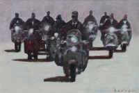 Lot 702 - David Barrow, Mods on Scooters, oil.