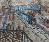Lot 722 - Barry De More, Train it at Brighouse, oil.
