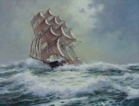 Lot 758 - Rodney Charman, Tall ship in rough waters, oil.