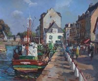 Lot 764 - E. Le Sueur, 20th century, Continental harbour scene, oil.