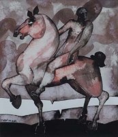 Lot 771 - G. Key, Horseman with Clouds, mixed media.