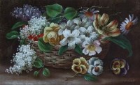 Lot 843 - Edwin Steele, Floral still life with basket, oil.