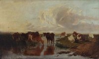 Lot 864 - Attributed to W.E. Turner, Cattle in river landscape, oil on canvas.