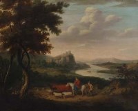 Lot 877 - English School, 19th century, River landscape with cattle, sheep and two peasants, oil.