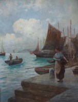 Lot 878 - Henry Martin, Harbour scene with figure, oil.
