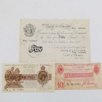 Lot 189 - White £5 Beale, red 10/- Bradbury and £1 KGV