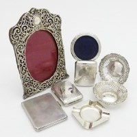 Lot 220 - Three silver cigarette cases, two photo frames, pr bonbons; ashtray