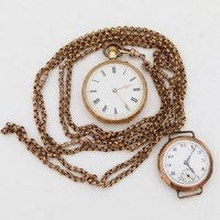 Lot 273 - 18k gold Swiss fob watch on gold plated chain and a 9ct gold case wristwatch (2).