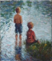 Lot 322 - Ken Moroney, Two Boys Fishing, River Nadder, Wilton, oil.