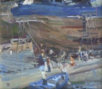 Lot 398 - Tom Coates, Ship Building, oil.