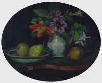 Lot 408 - Attributed to Duncan Grant, Still life with flowers and fruit, oil.
