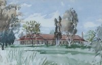 Lot 415 - Marshall Clifton, Rural view with ranch building, watercolour.