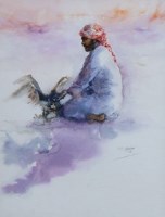 Lot 427 - Patricia Al Fakhri, The Falconer, watercolour.