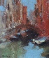 Lot 445 - Marc Grimshaw, Venetian canal scene with bridge, pastel.
