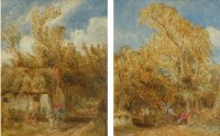Lot 457 - W.J.J.C. Bond, Rural lane with figures, oil on panel (2).