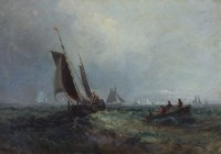 Lot 466 - Samuel Calvert, Maritime scene with various shipping, oil.
