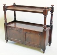Lot 540 - Victorian mahogany buffet, of two rectangular galleried shelves over a cupboard base on turned supports, width 117cm.