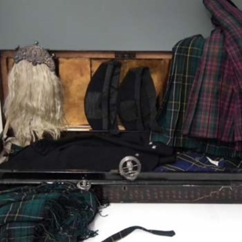 Lot 26 - Two kilts, dress jacket, sporran plad, two silver brooches etc.
