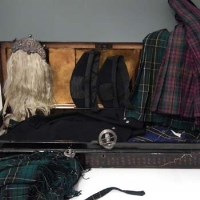 Lot 26 - Two kilts, dress jacket, sporran plad, two silver brooches etc.