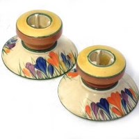 Lot 244 - Pair of Clarice Cliff Crocus candlesticks.