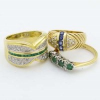 Lot 396 - Pave diamond and emerald ring, 18ct sapphire and diamond ring, 18ct emerald and diamond ring (3).