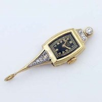 Lot 443 - Swiss 14K gold and diamond pendant watch, black