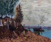 Lot 473 - Alec Fleming, River barges with figures, oil.