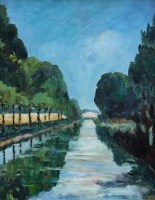 Lot 475 - Alec Fleming, French tree lined canal scene, oil.