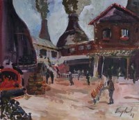 Lot 476 - Federick England, Gladstone Pottery - Day of Coal Firing, acrylic.