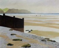 Lot 484 - Derek Wilkinson, Coastal scene with figures, oil.