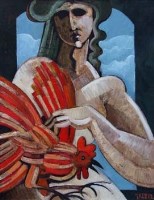 Lot 371 - Geoffrey Key, Girl with Cockerel, oil.