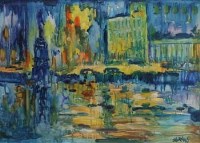 Lot 374 - J.L. Isherwood, Rain, Piccadilly, Manchester, oil.