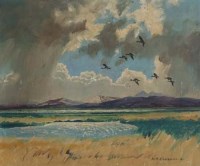 Lot 420 - Keith Shackleton, Pintails over the Menai Straits, oil.