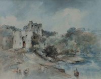 Lot 451 - Arthur Davies, Daybreak, Chepstow Castle, watercolour.