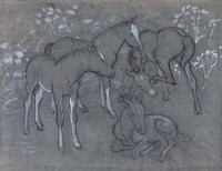 Lot 458 - C.F. Tunnicliffe, Foals, watercolour.