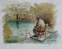 Lot 490 - John Spencer Churchill, Winston feeding his Golden Orfes at Chartwell - 1949, signed print.