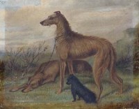 Lot 496 - J. Quinton, Lurchers and a terrier in a rural landscape, oil.