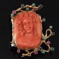 Lot 334 - Red coral carved cameo brooch of Cybele with
