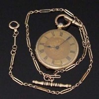 Lot 369 - 18k cased key wind pocket watch with swiss lever movement, and a 9ct gold albertine chain (2).